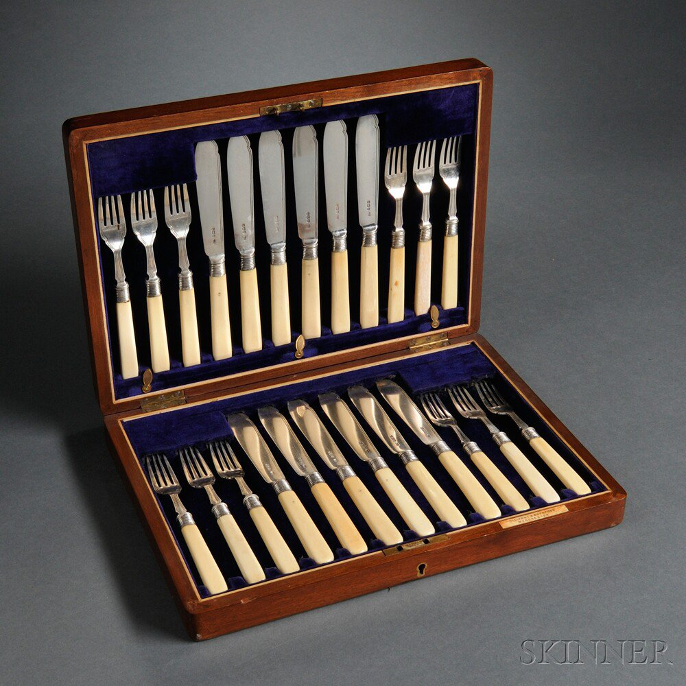 Appraisal: Edward VII Boxed Sterling Silver and Ivory Fish Service Sheffield