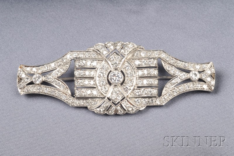 Appraisal: Art Deco Platinum and Diamond Plaque Brooch set throughout with