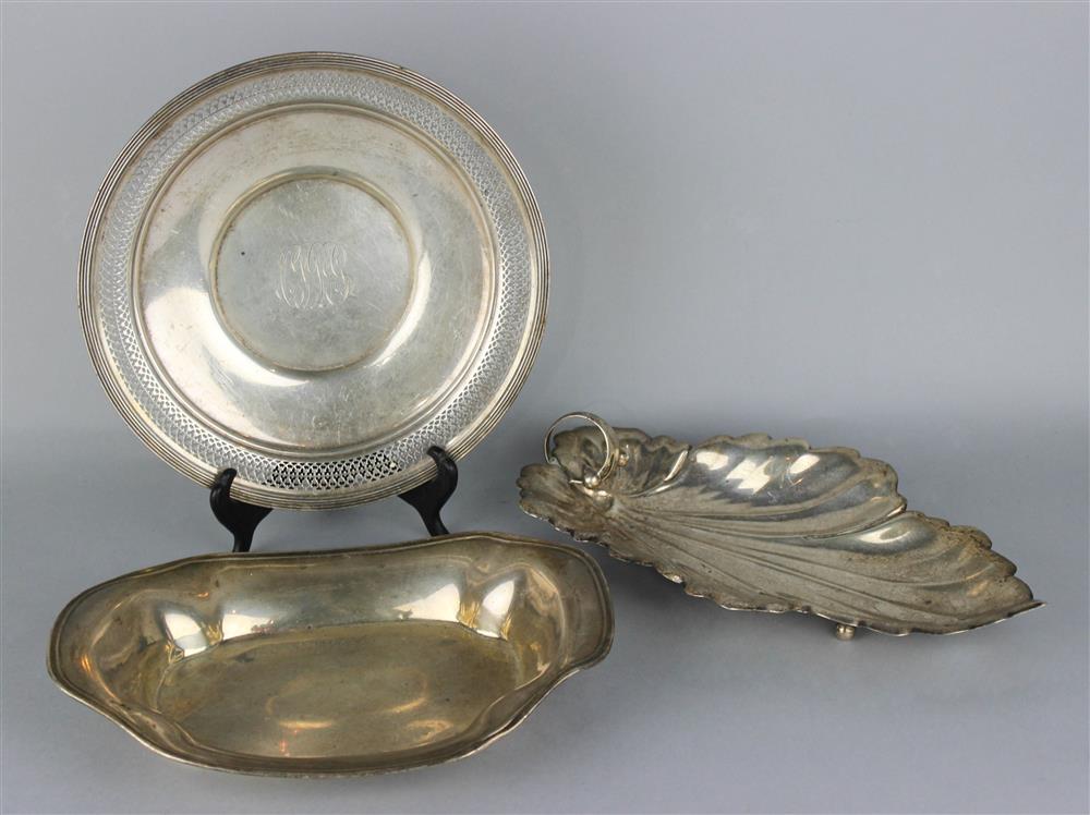 Appraisal: THREE AMERICAN SILVER PIECES including a Weidlich leaf-shaped silver dish