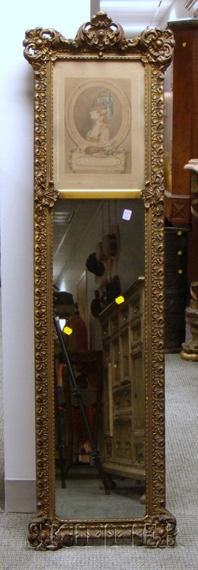 Appraisal: Rococo-style Gilt-gesso Trumeau Mirror with French Hand-colored Portrait Engraving lg