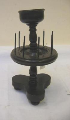 Appraisal: A VICTORIAN MAHOGANY BOBBIN STAND with circular pin dish on