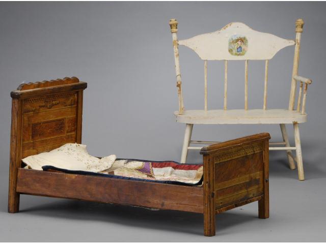 Appraisal: Lot Doll-Size Bed and Bench American ca oak bed with