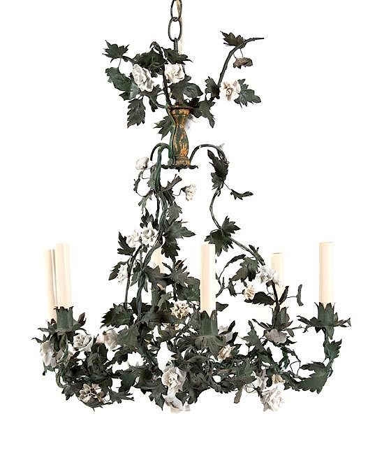 Appraisal: French Porcelain-Mounted Tole Six-Light Chandelier and a Pair of Matching