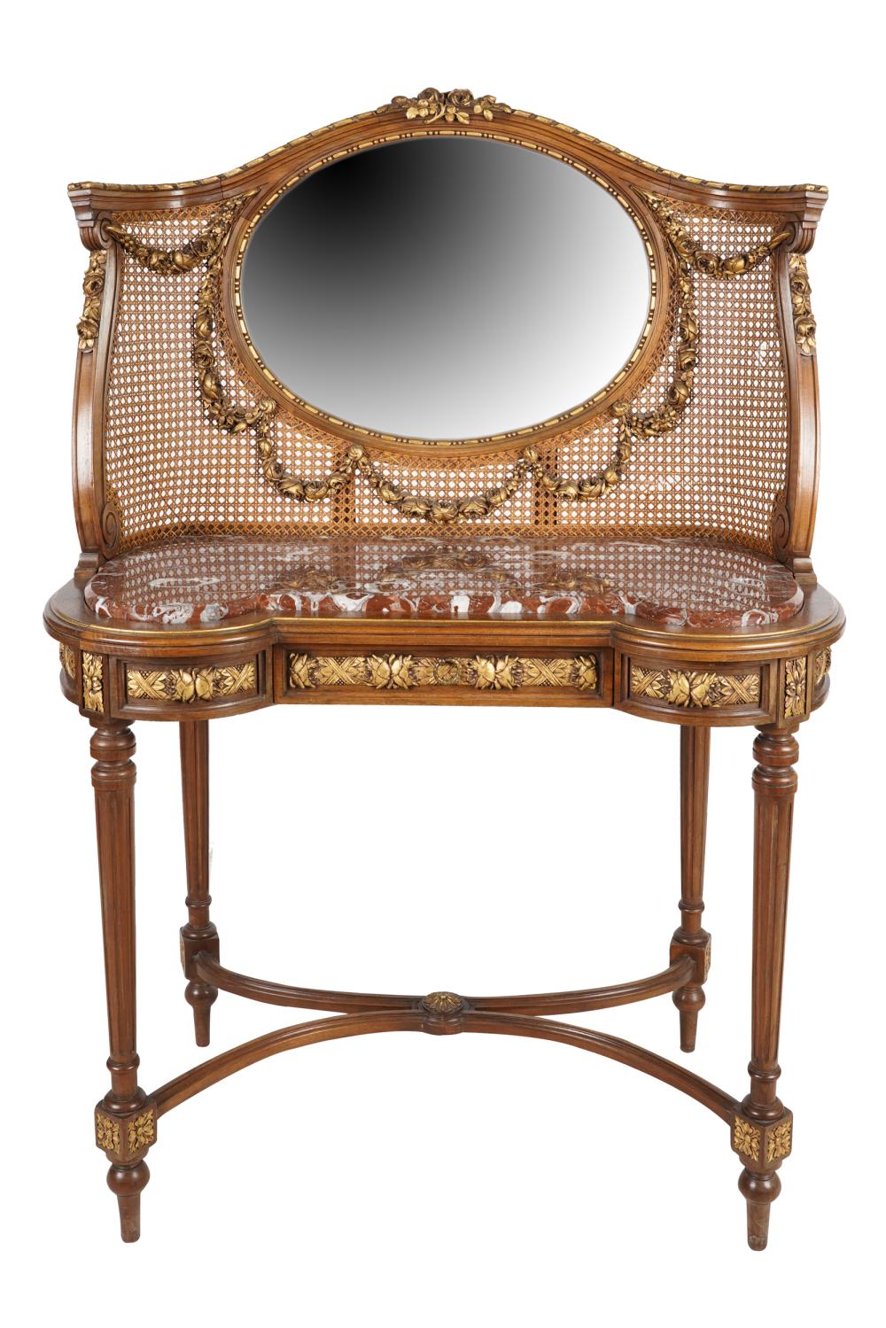 Appraisal: LOUIS XVI STYLE CANED FRUITWOOD VANITY CHAIReach with gilt highlights