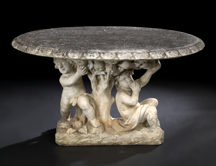 Appraisal: Italian Cast-Stone Figural Garden Table the oval top with a