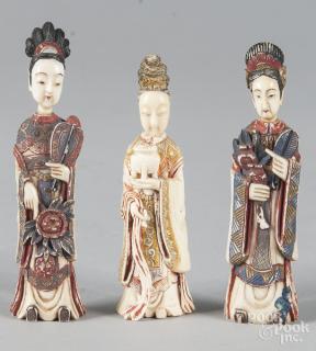 Appraisal: Three Chinese carved and painted ivory figural snuff bottles ca