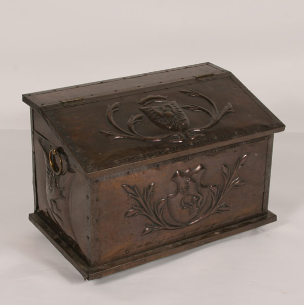 Appraisal: Copper log box embossed insignias coats of arms on four