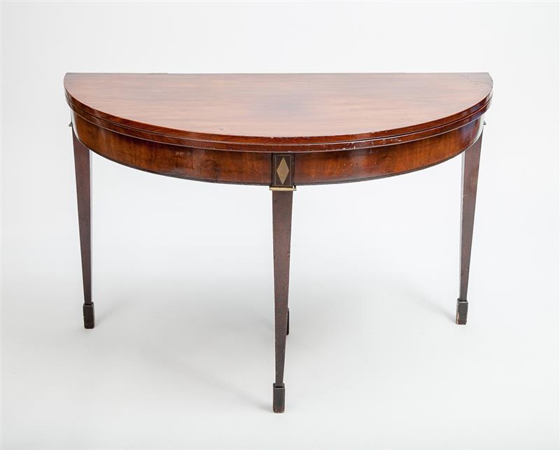 Appraisal: George III Brass-Mounted Mahogany Folding Demilune Games Table Opening to