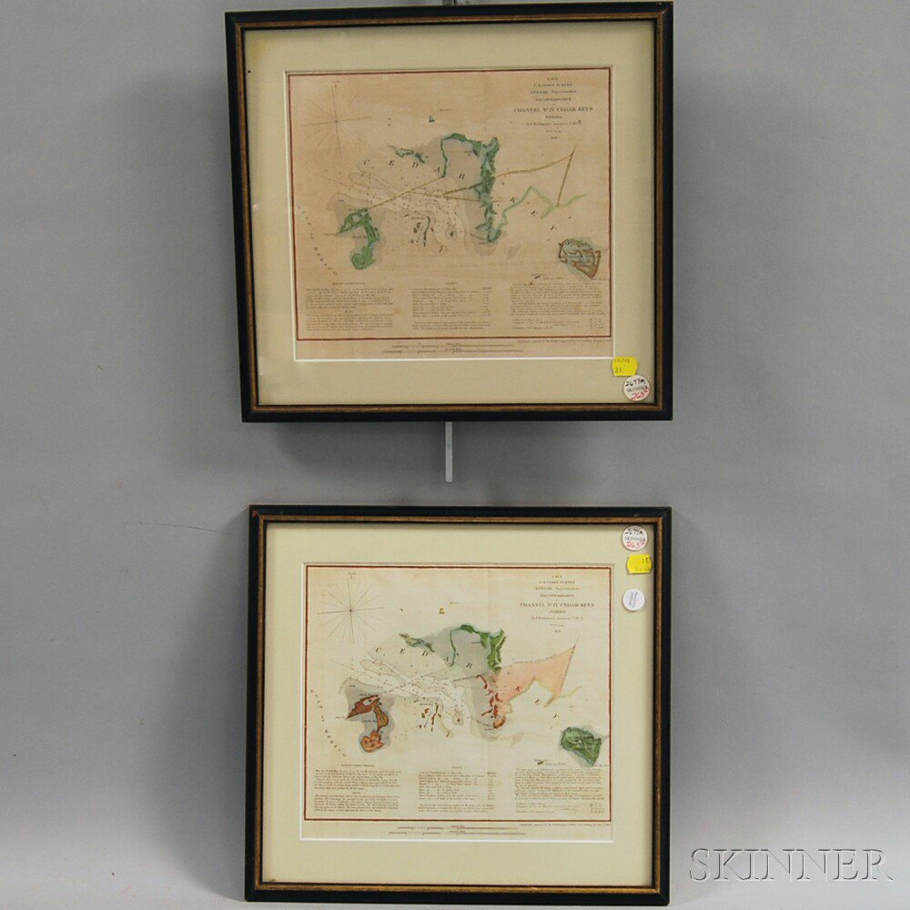 Appraisal: Two Framed Hand-colored Charts of Cedar Key Florida detailing the