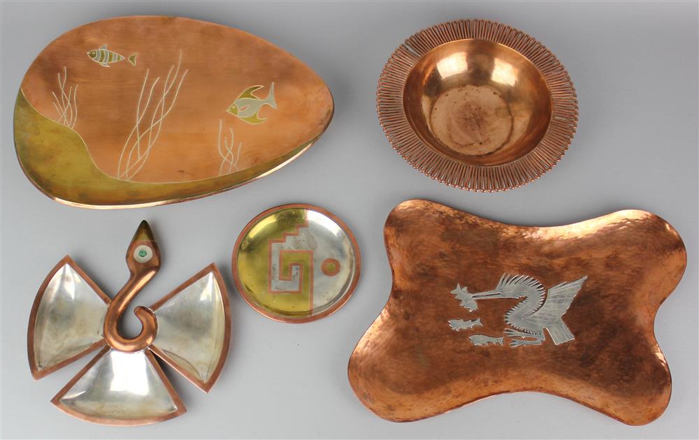 Appraisal: FOUR MEXICAN TAXCO 'ART MODERNE' COPPER PIECES AND A PERUVIAN