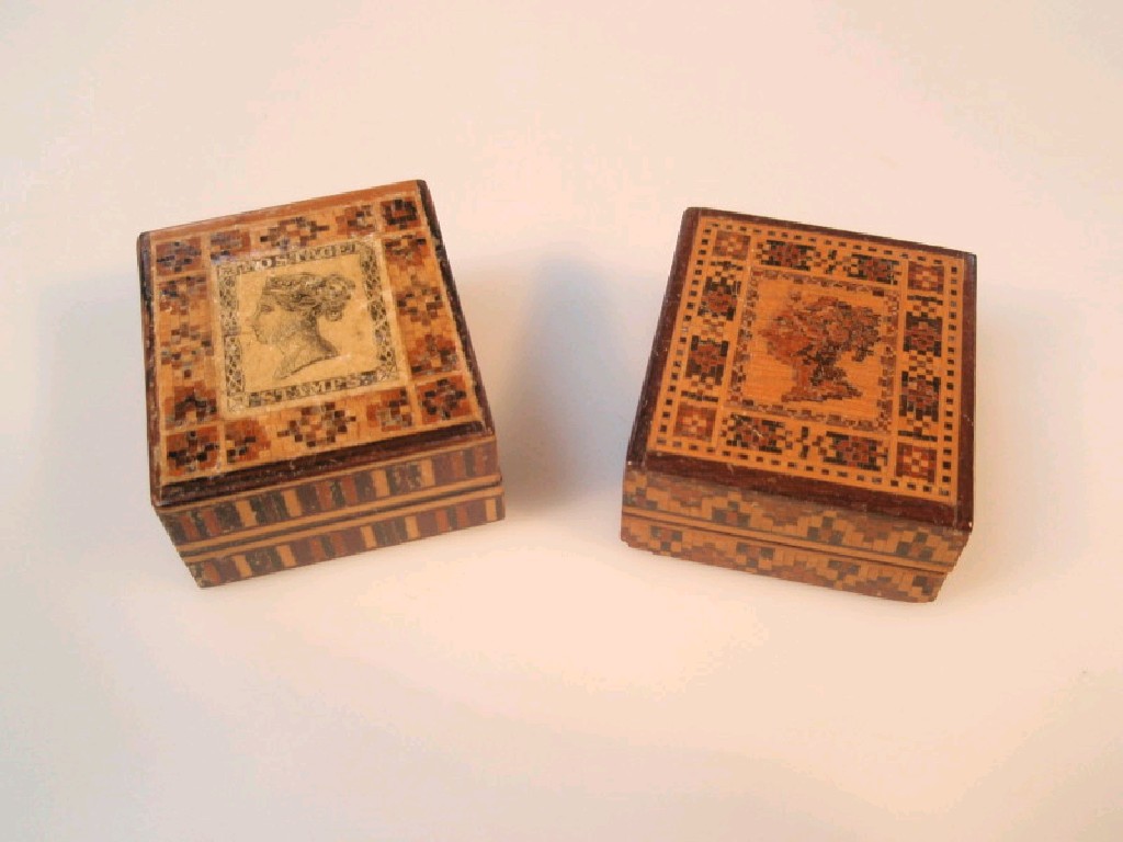 Appraisal: A Tunbridge ware stamp box the cover depicting the head