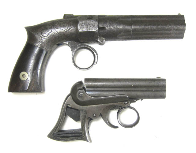 Appraisal: TWO ANTIQUE PEPPERBOX PISTOLS Remington-Elliot rimfire four barrels traces of