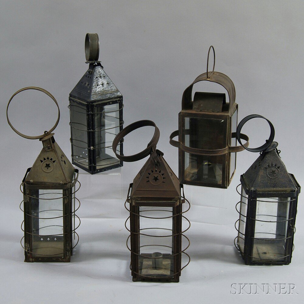 Appraisal: Five Tin and Glass Lanterns th century including three with