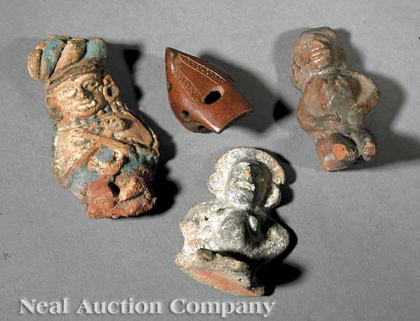 Appraisal: A Group of Three Aztec Earthenware Figurines and a Bird's