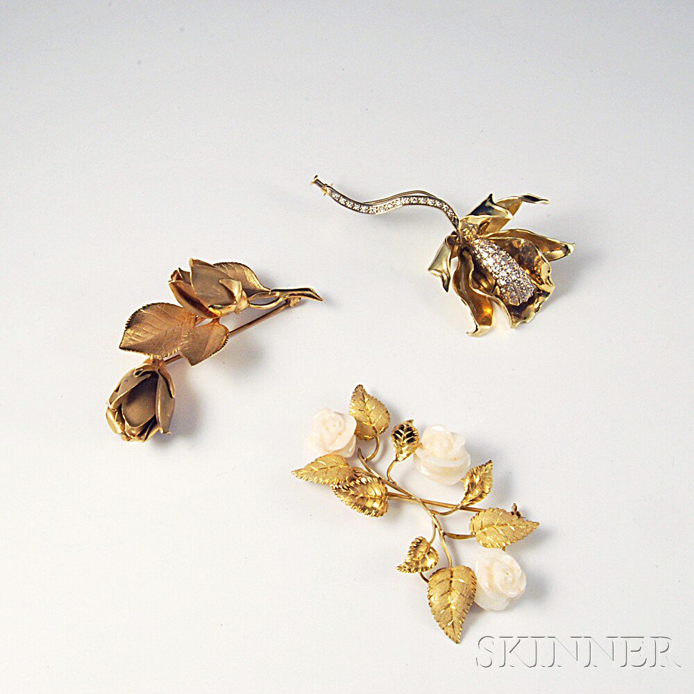 Appraisal: Three Gold Flower Pins two kt including one bicolor gold