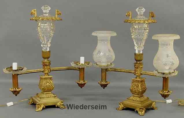 Appraisal: Pair of French gilt bronze double-arm electric lamps with crystal