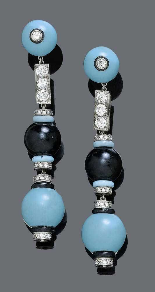 Appraisal: DIAMOND TURQUOISE AND ONYX PENDANT EARRINGS ca Platinum Attractive long