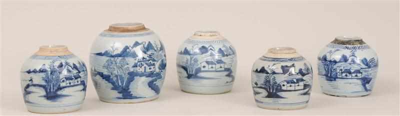 Appraisal: FIVE CHINESE BLUE AND WHITE PORCELAIN JARS AND COVERS Each