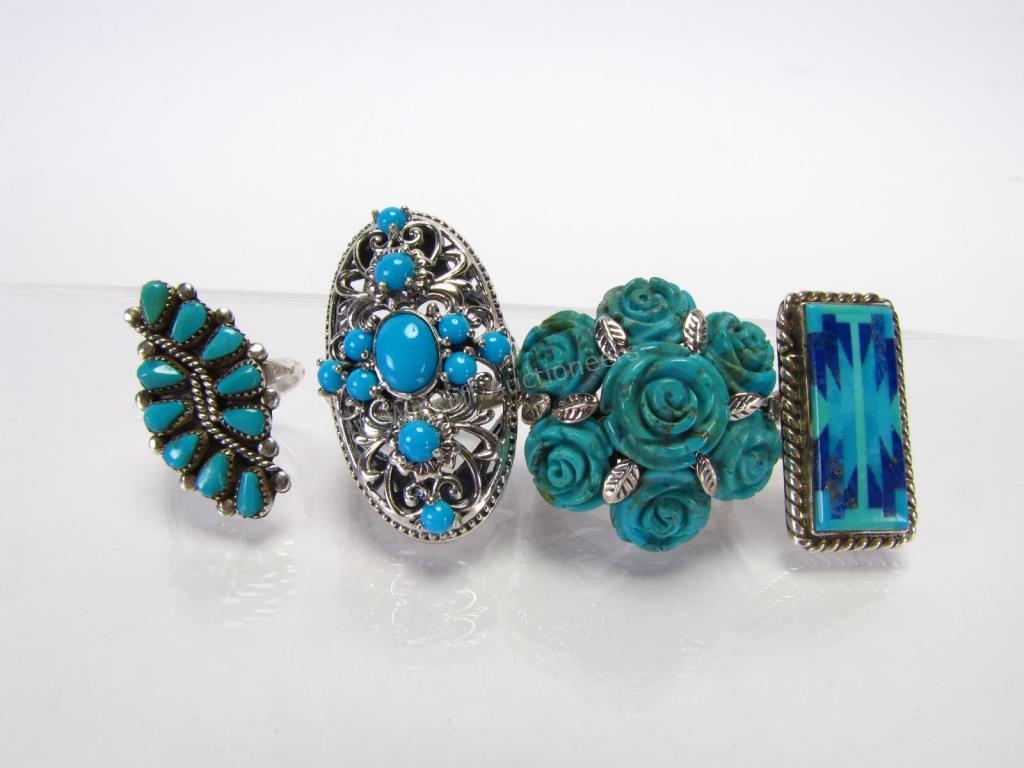 Appraisal: Four sterling silver rings with turquoise and turquoise style stones