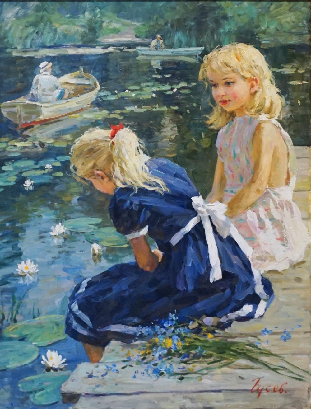 Appraisal: Vladimir Goussev Russian b Two Young Girls on the Dock