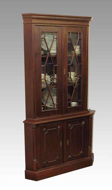 Appraisal: MAHOGANY CORNER CABINET glass door top with interior wood shelves