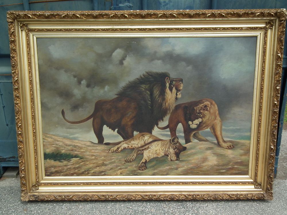 Appraisal: HUGE PAINTING OF LIONS Very large antique oil painting on