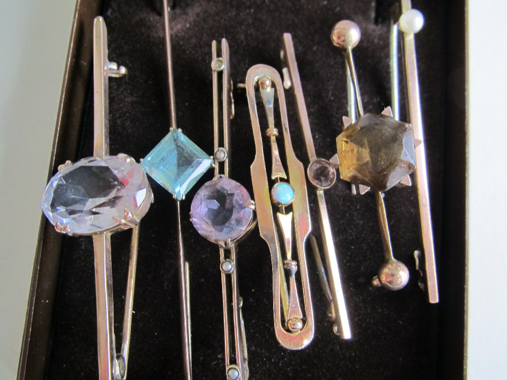 Appraisal: Seven Edwardian gem set gold bar brooches