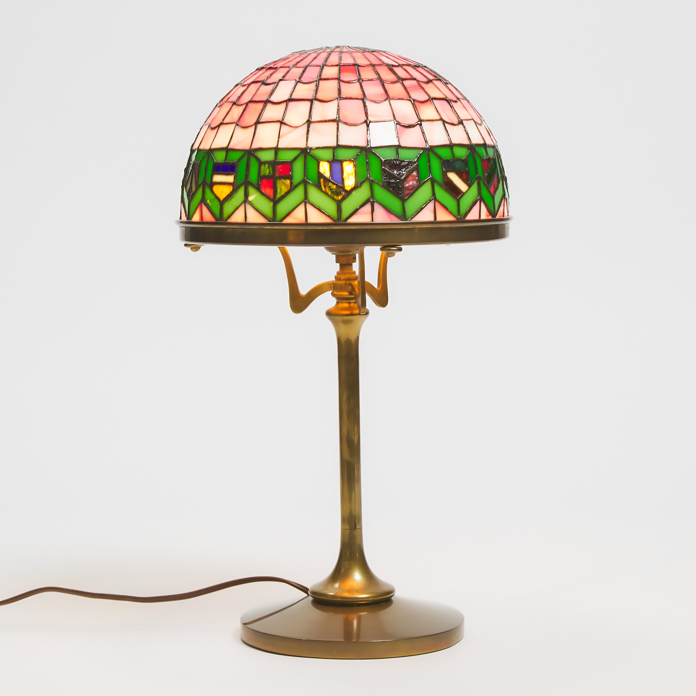 Appraisal: American Gilt Brass Table Lamp with Heraldic Leaded Mosaic Slag