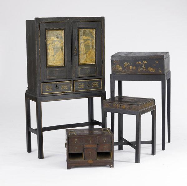 Appraisal: ORIENTAL LACQUER Three boxes together with a two-drawer cabinet th