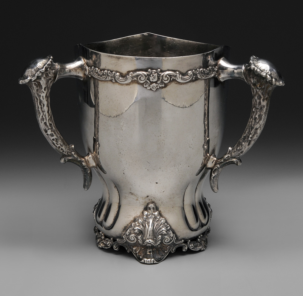 Appraisal: Silver-Plate Loving Cup American th century scroll borders and feet