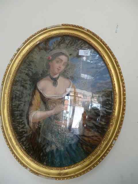 Appraisal: A TH CENTURY OVAL REVERSE GLASS PICTURE of a young