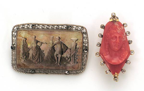 Appraisal: A carved coral diamond and gold brooch together with a