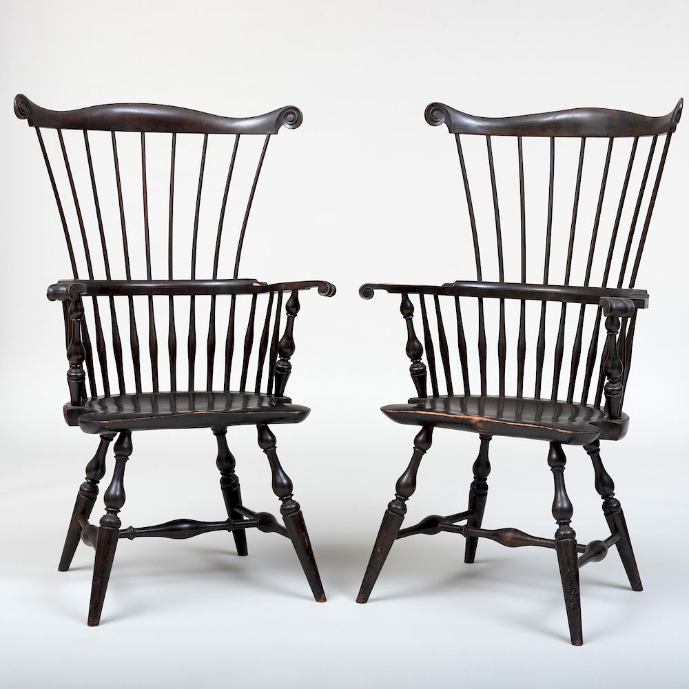 Appraisal: Pair of Wallace Nutting Black Painted Windsor Armchairs Stamped x