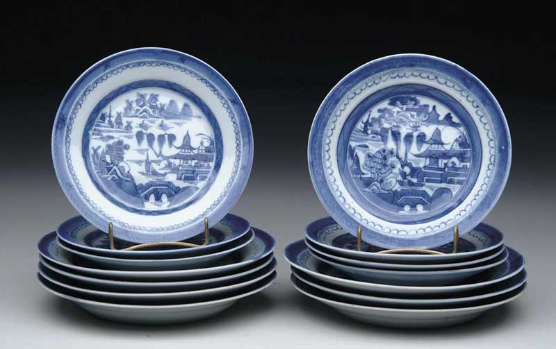 Appraisal: FOURTEEN BLUE AND WHITE CANTON PLATES Seven plates- Generally very