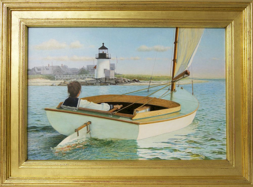 Appraisal: Peter Quidley b Oil on Panel Young Lady Sailing Round