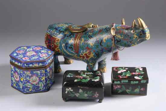 Appraisal: TWO CHINESE CLOISONN BOXES Together with hexagonal enamel box and