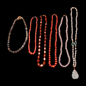 Appraisal: Six Chinese Gemstone and Hardstone Beaded Necklaces comprising a pearl