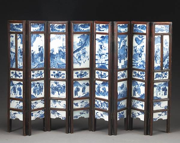 Appraisal: A blue and white porcelain eight panel table screen th