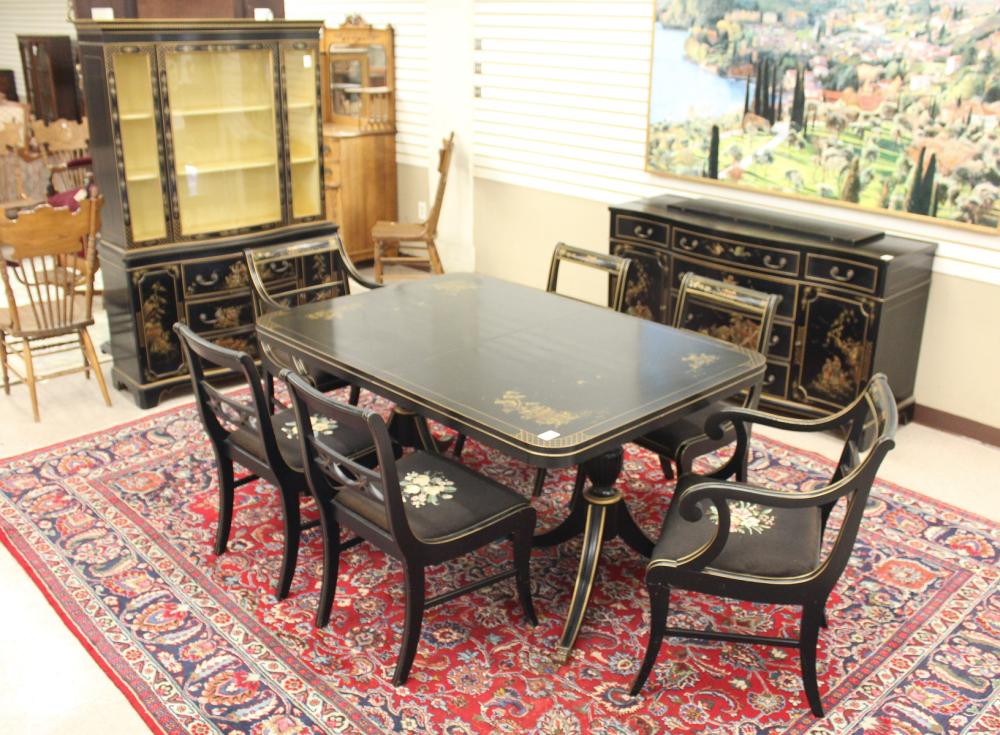 Appraisal: NINE-PIECE FEDERAL STYLE CHINOISERIE DINING SET custom decorated by Decorolac