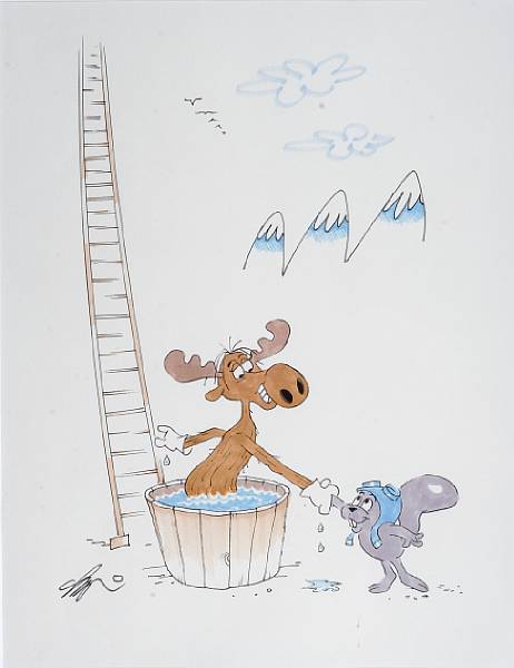 Appraisal: A Gerard Baldwin watercolor of Rocky and Bullwinkle watercolor pen