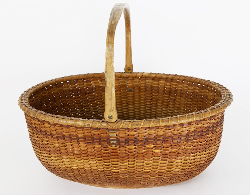 Appraisal: Antique Oval Open Swing Handle Nantucket Basket Attributed to William