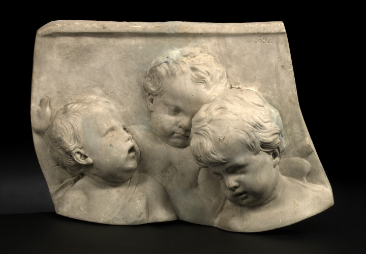 Appraisal: Large White Cast-Plaster Plaque depicting a trio of Baroque putto