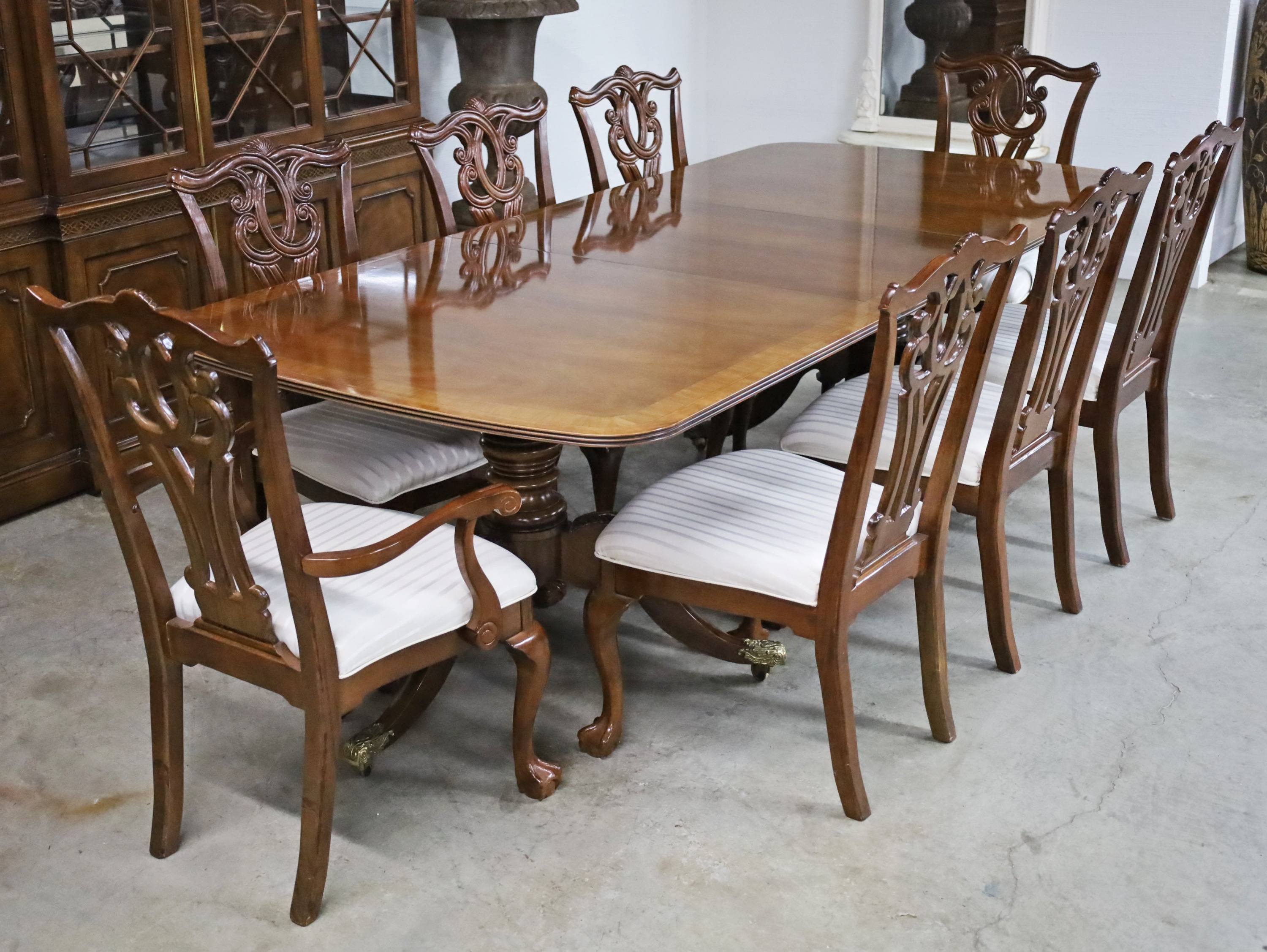 Appraisal: SHERATON STYLE MAHOGANY DINING TABLE CHAIRS Sheraton mahogany two pedestal