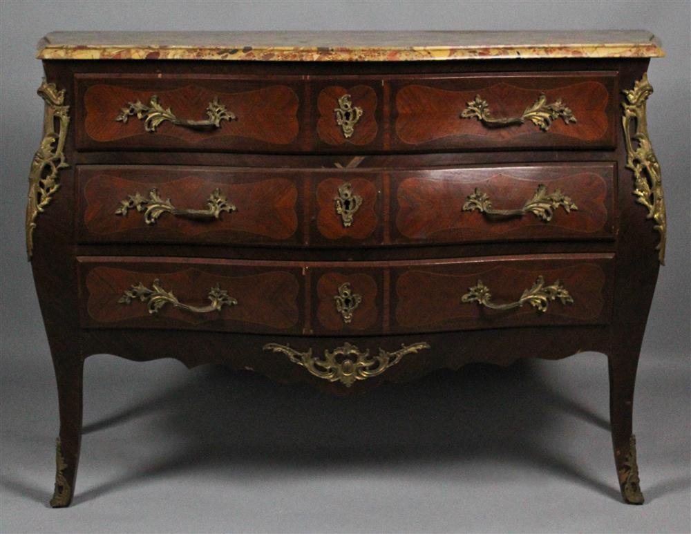 Appraisal: LOUIS XV STYLE GILT BRONZE MOUNTED TULIPWOOD MARQUETRY BOMBE COMMODE