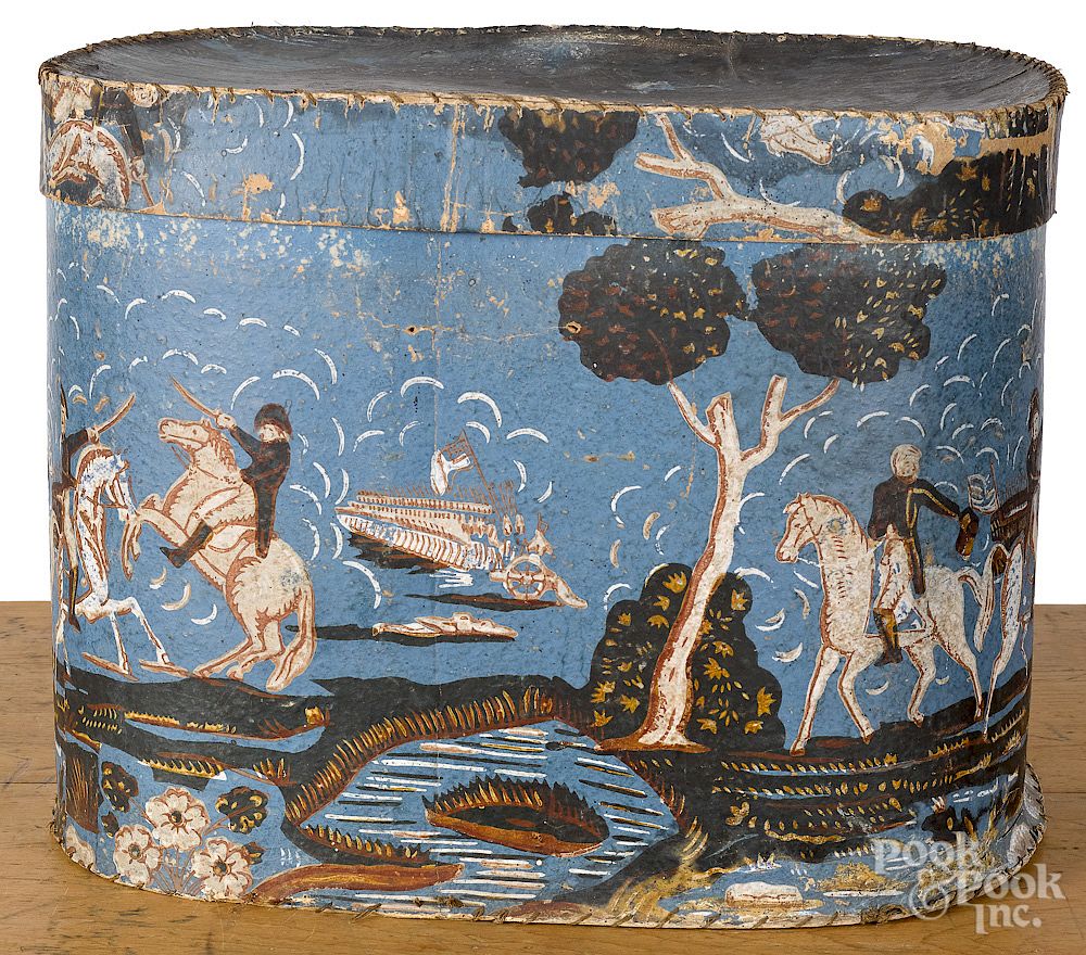 Appraisal: Wallpaper hatbox Exclusive on Bidsquare Wallpaper hatbox th c depicting