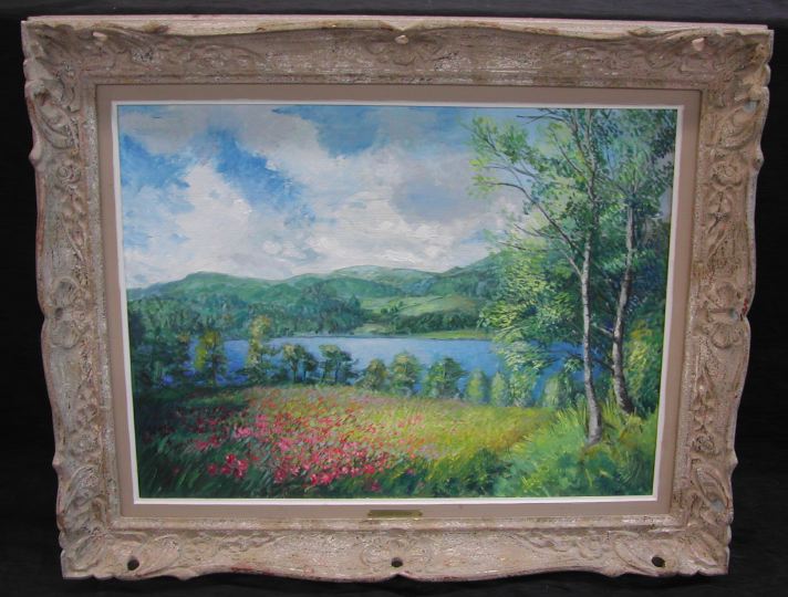 Appraisal: American School th Century View of A Springtime Lake Landscape