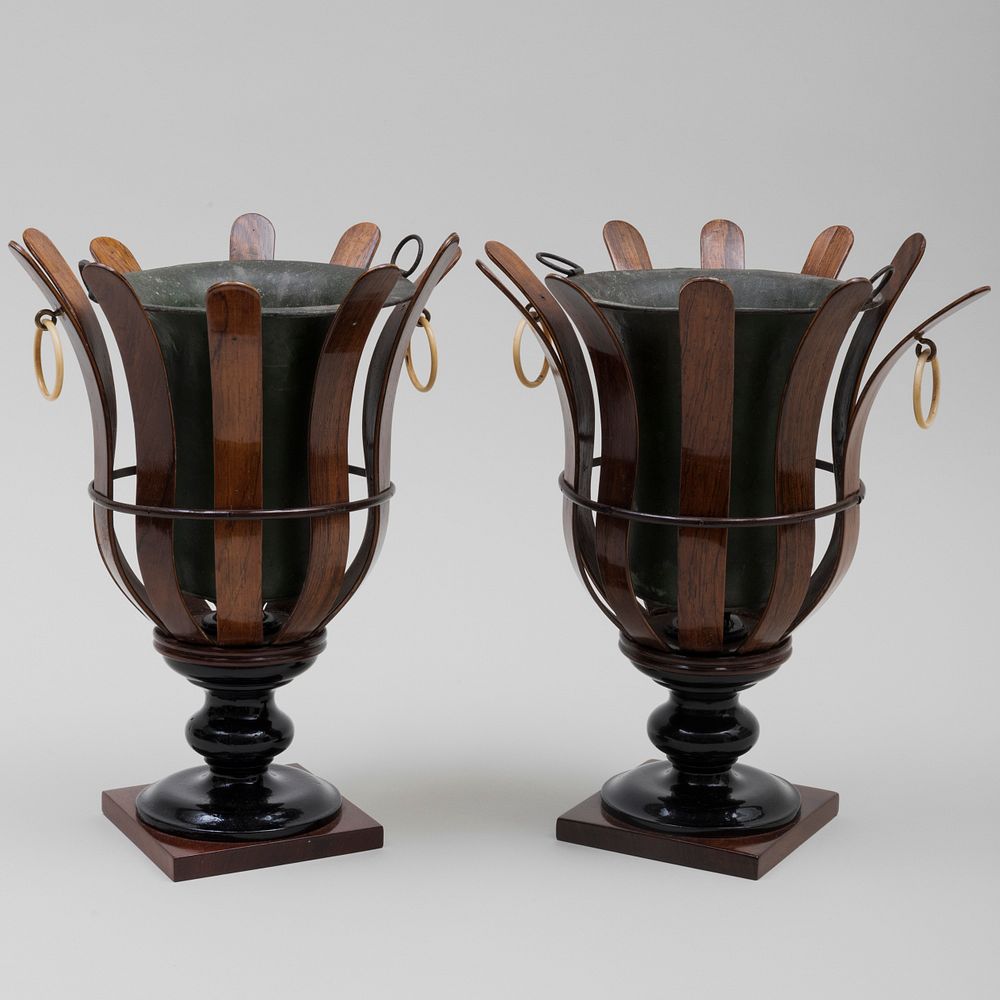 Appraisal: Pair of Bentwood and Tole Urns x in diam Camard