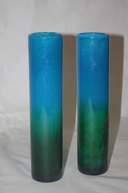 Appraisal: A PAIR OF JOHN ORWAN LAKE CYLINDRICAL BLUE GREEN VASES