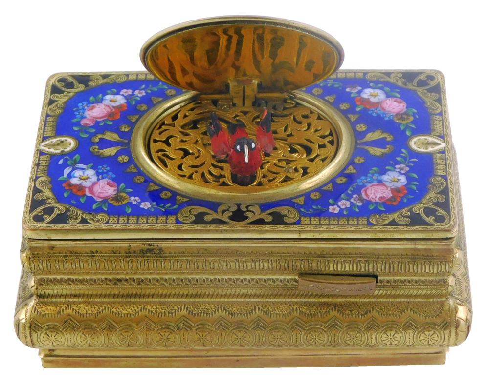 Appraisal: Automaton enamel and gilt musical bird box German early th