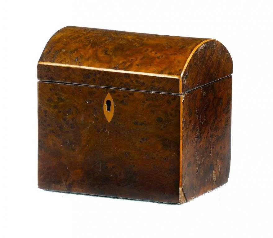 Appraisal: A GEORGE III BURR YEW-WOOD AND LINE INLAID TEA CADDY